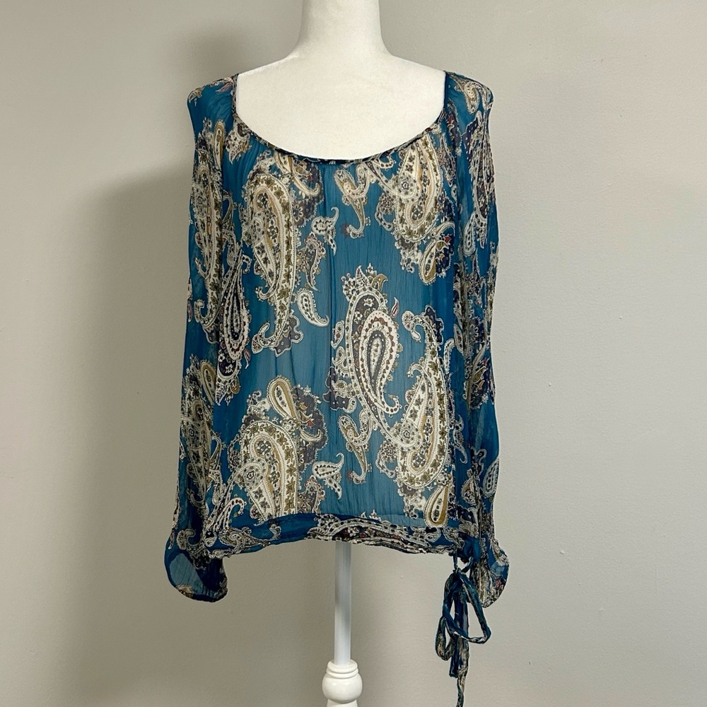 Lucky Brand Blue Sheer Paisley Tie-Hem Blouse | Size XL
